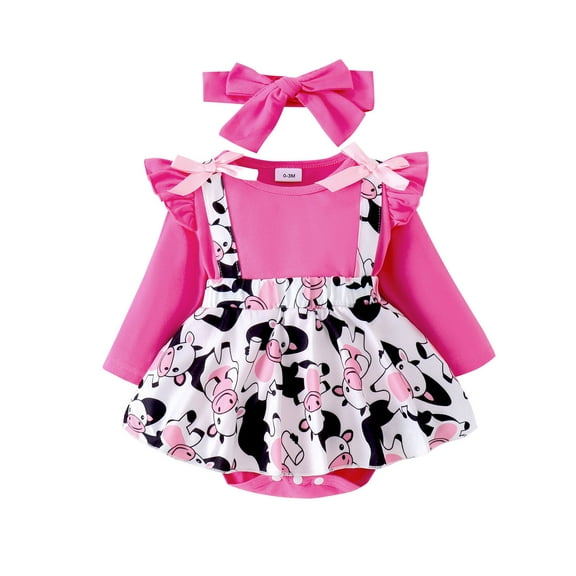 Hwmodou Girls Print Jumpsuits Cotton Blend Long Sleeve Cartoon Prints Romper Bodysuits Dress Headbands Set Fall Winter Holiday Jumpsuit,0-3M