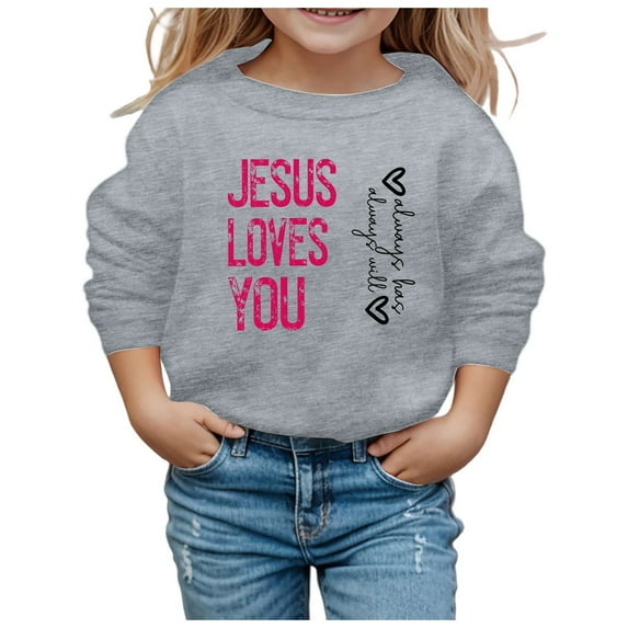 Hwmodou Girls Sweatshirt "Jesus Loves Me" Crewneck Printed Long Sleeve Fall Winter Simple Athletic Top,3-14Y