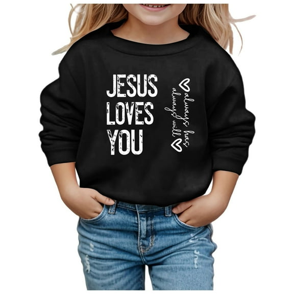 Hwmodou Girls Sweatshirt "Jesus Loves Me" Crewneck Printed Long Sleeve Fall Winter Simple Athletic Top,3-14Y