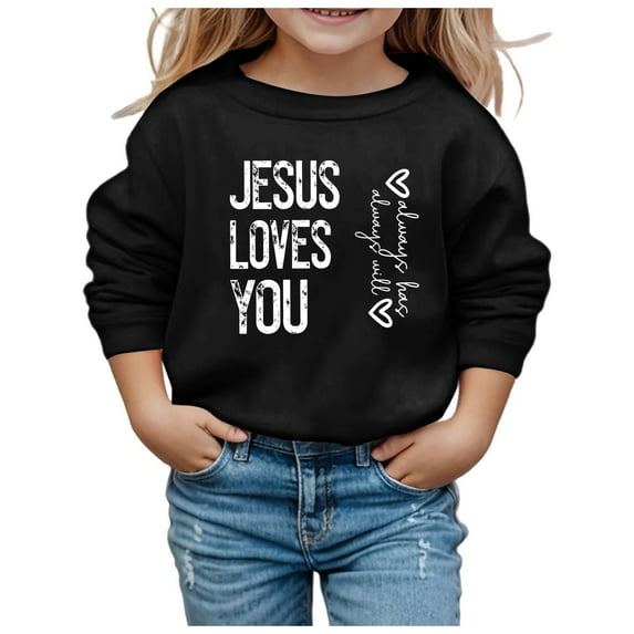Hwmodou Girls Sweatshirt "Jesus Loves Me" Crewneck Printed Long Sleeve Fall Winter Simple Athletic Top,3-14Y
