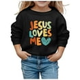thumbnail image 1 of Hwmodou Girls Sweatshirt "Jesus Loves Me" Crewneck Printed Long Sleeve Fall Winter Simple Athletic Top,3-14Y, 1 of 4