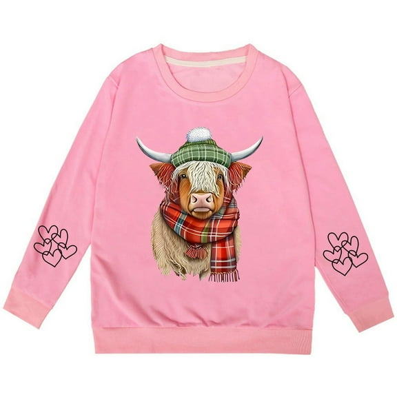 Hwmodou Girls Sweatshirts Cattle Print Crew Neck Hoodie Leisure Comfy Top,3-14Y