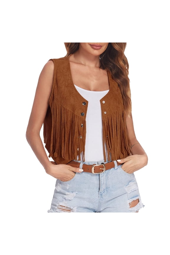 Wxolcjlv Jean Jacket Women Fringe Vest Suede Open-Front Vintage Vest Sleeveless 70S Hippie Clothes Boho Western Jacket Chic Oversized Jackets