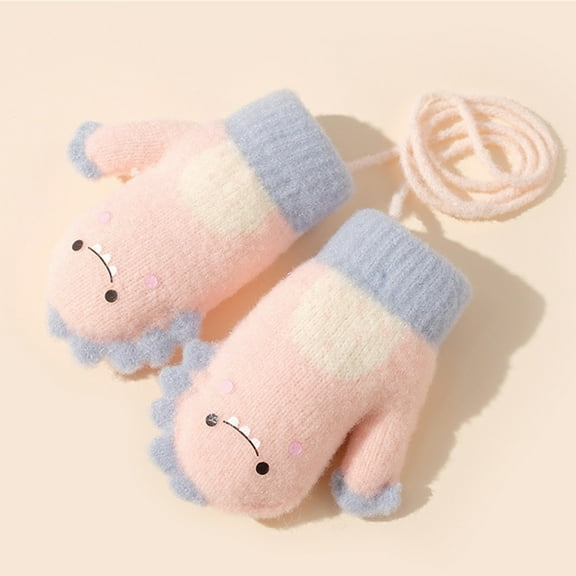 Hwmodou Knitted Mittens For Toddlers Soft Cartoon Gloves Kids Baby Boys Girls Winter Knit Fingerless Mittens With Rope
