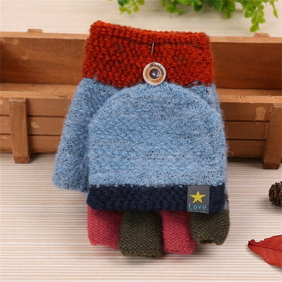 Hwmodou Knitted Mittens For Toddlers Soft Convertible Flip Top Color Block Gloves Kids Baby Boys Girls Winter Knit Fingerless Mitten