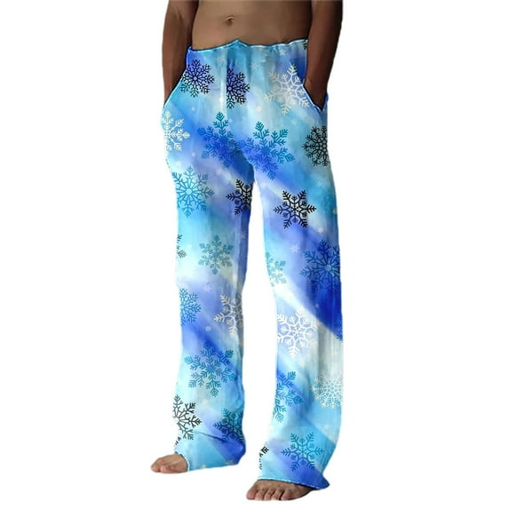 Hwmodou Male Hiking Pants Christmas Casual Festive Special Tie Dye Layered Snowflake Print Casual Pant Business Office Workwear Trousers Blue L