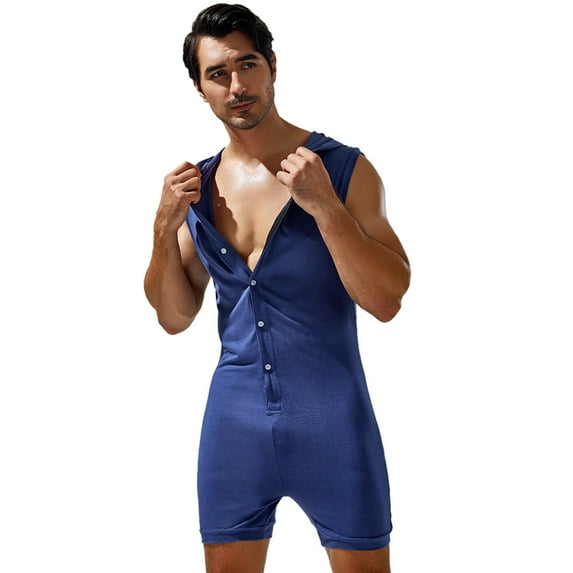 Hwmodou Male Rompers Male Spring Fitess Tight Jumpsuit Wear Vest Soild Button Hooded Jumpsuit Holiday Vacation Bodysuits For Man