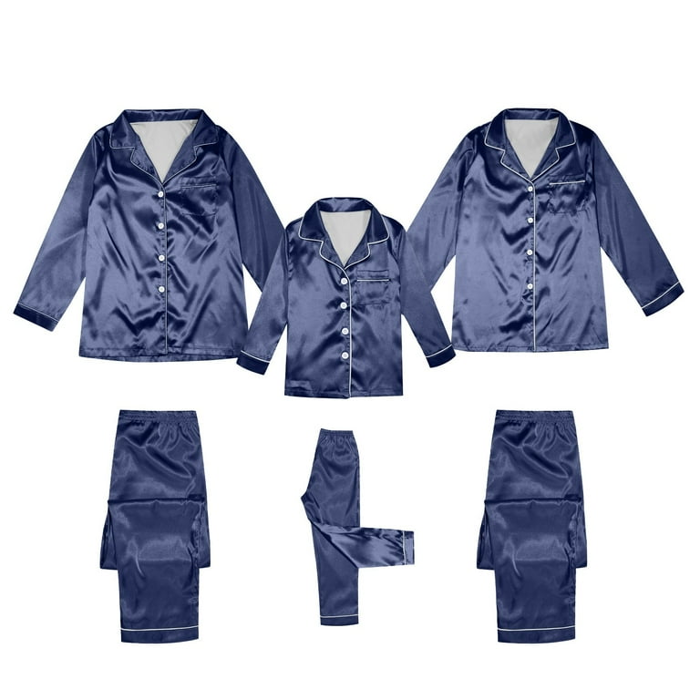 Hwmodou Matching Pajamas For Family Navy Blue Imitation Silk Long