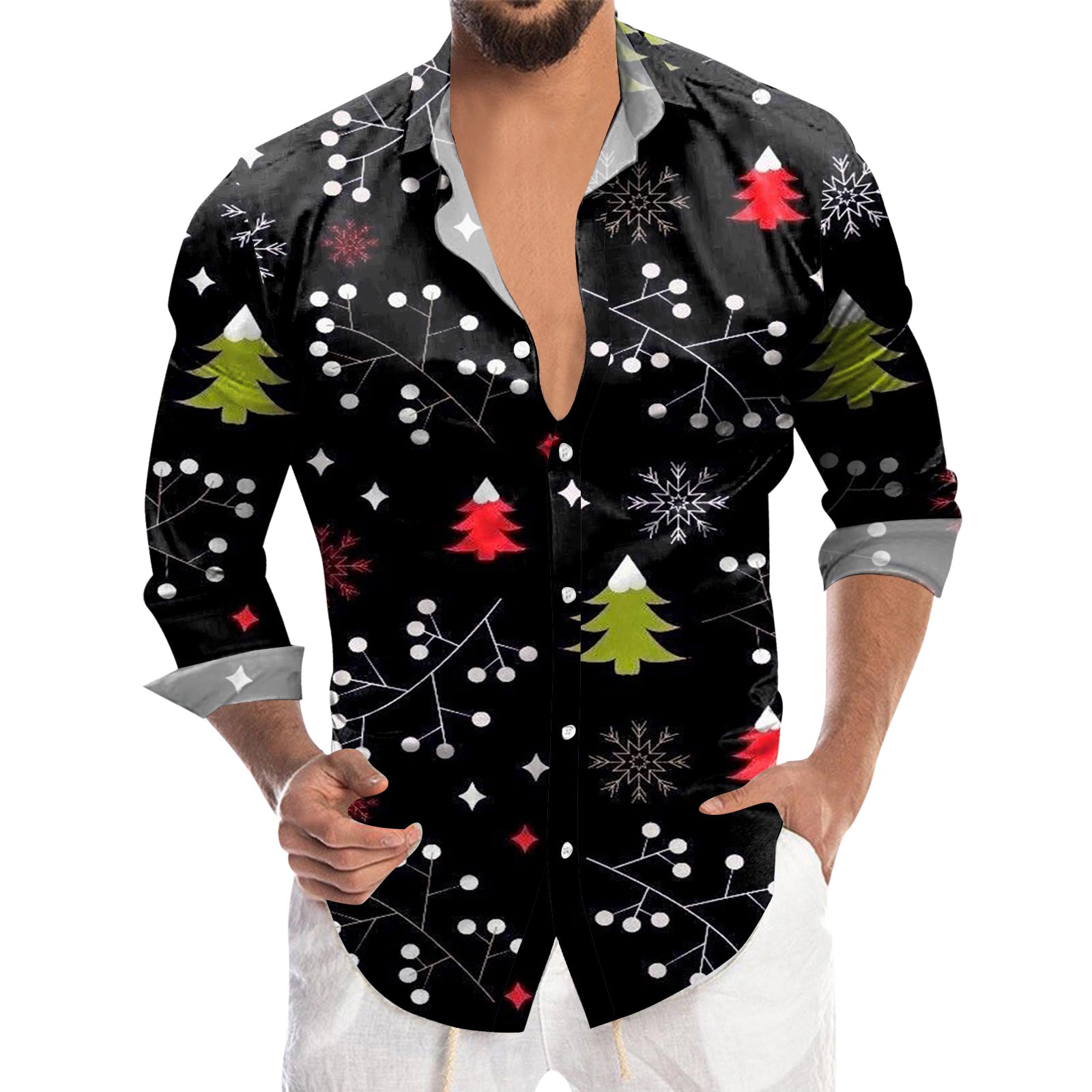 Hwmodou Men Blouse Christmas Santa Flower Graphic Printed Button Lapel Long Sleeve Shirt Top