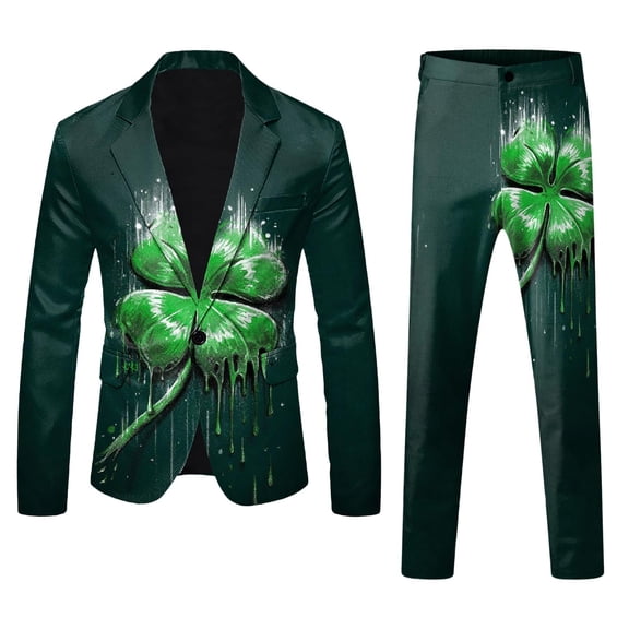 Hwmodou Men Disco Outfits Mens St. Pat's Day Printed Pocket Lapel Button Suit Suit Dressy Business Suits For Man