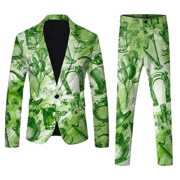 Hwmodou Men Disco Outfits Mens St. Pat's Day Printed Pocket Lapel Button Suit Suit Party Holiday Outfit For Man