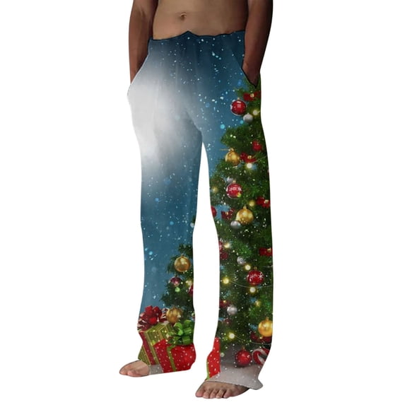 Hwmodou Men Dress Pants Autumn Winter Christmas Home Fully Printed Cordless Pocket Pant Business Office Workwear Trousers Light Blue L