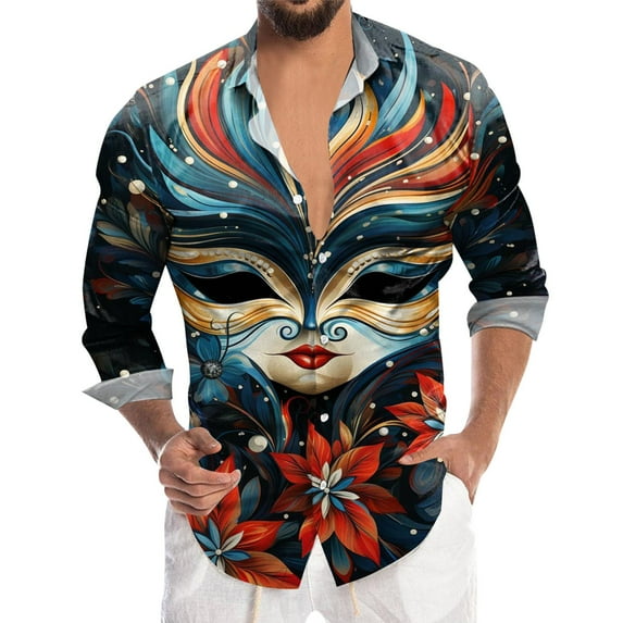 Hwmodou Men New Years Shirts Mens Carnival Graphic 3D Printed Button Lapel Long Sleeve Shirt Top Office Daily Workwear For Man
