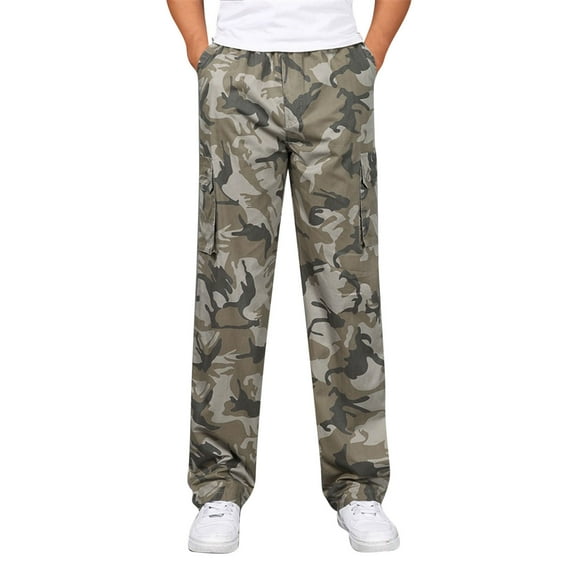 Hwmodou Men Pants Workout Mens Fashion Casual Loose Cotton Plus Size Pocket Lace Up Camouflage Elastic Waist Pants Overall Work Streetwear Slacks For Man