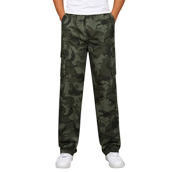 Hwmodou Men Pants Workout Mens Fashion Casual Loose Cotton Plus Size Pocket Lace Up Camouflage Elastic Waist Pants Overall Holiday Vacation Slacks For Man