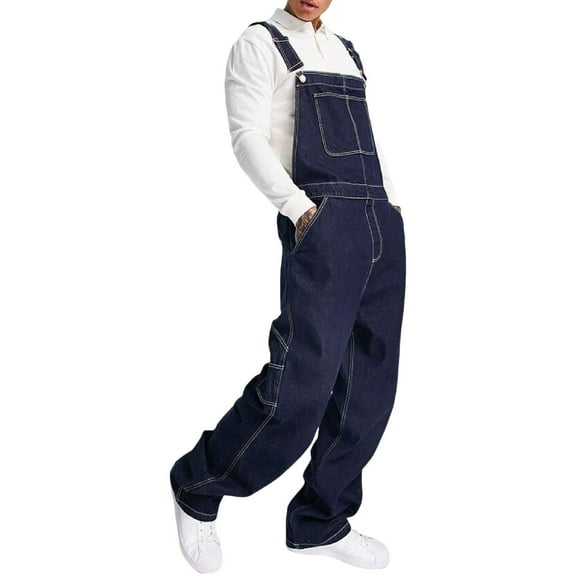 Hwmodou Men's Sweatpants Fashion Trend Denim Suspenders Loose Denim Suspender Rompers Jeans Casual Pants Workout Lounge Pant For Male Blue L