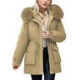 thumbnail image 1 of Hwmodou Parkas For Women Ladies' Solid Color Mid Length Hooded Jackets With Plush Loose Fit Waist Feather Cotton Padding Mountain Windbreaker Hooded Parka, 1 of 8