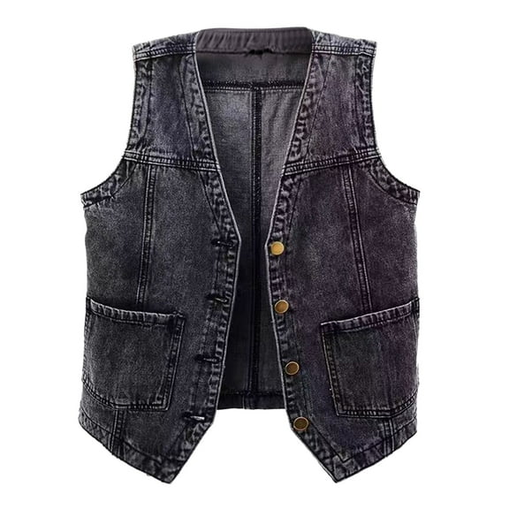 Hwmodou Plus Size Womens Jean Jackets Loose Sleeveless Denim Vest V Neck Button Down Jacket Fall Winter Y2K Retro Leisure Comfy Coats