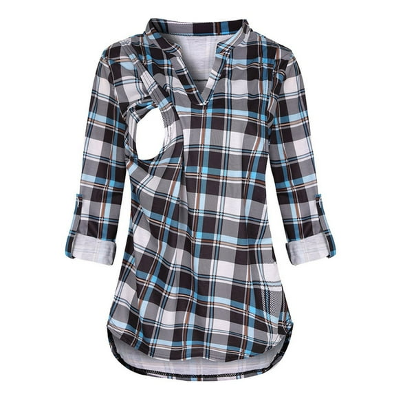 Hwmodou Pregnant T-Shirts Women Womens Maternity Long Sleeve Plaid Printed g Shirts Blouse Breastfeeding V Neck Top Dailywear Pregnancy Clothes For Woman