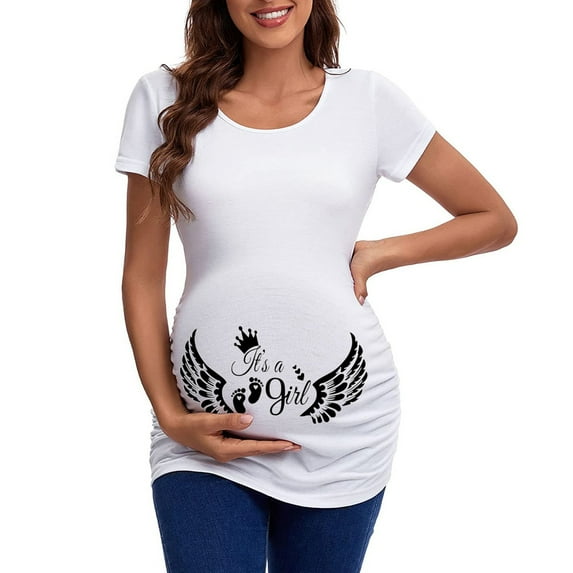 Hwmodou Pregnant T-Shirts Women Womens Maternity Short Sleeve Crew Neck Cute Letter Printed Tops T Shirt Casual Tee Tunic Blouse Woman Classic Pregnancy Clothes