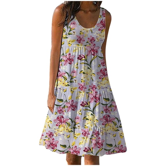 Hwmodou Summer Casual Women Dresses Crew Neck Sleeveless Vacation Simple Tank Dress Beach Daily Swing Dress Fashion Loose Midi Dress Holiday Female Sundress