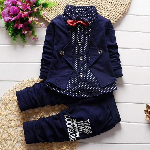 Hwmodou Toddler Boy Clothes Sets 2Pcs Boy Dress Clothes Toddler Outfits Tuxedo Formal Suits For Kids Long Sleeve Shirt + Pants Set Everyday Wear
