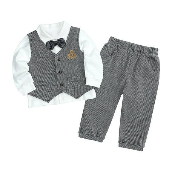 Hwmodou Toddler Boys Holiday Outfit Sets Kids Baby Clothes Suit Gentleman Wedding Outfits Formal Dress Shirt Bowtie Vest Suspender Pants Gifts For Teen Boys,6M-4Y