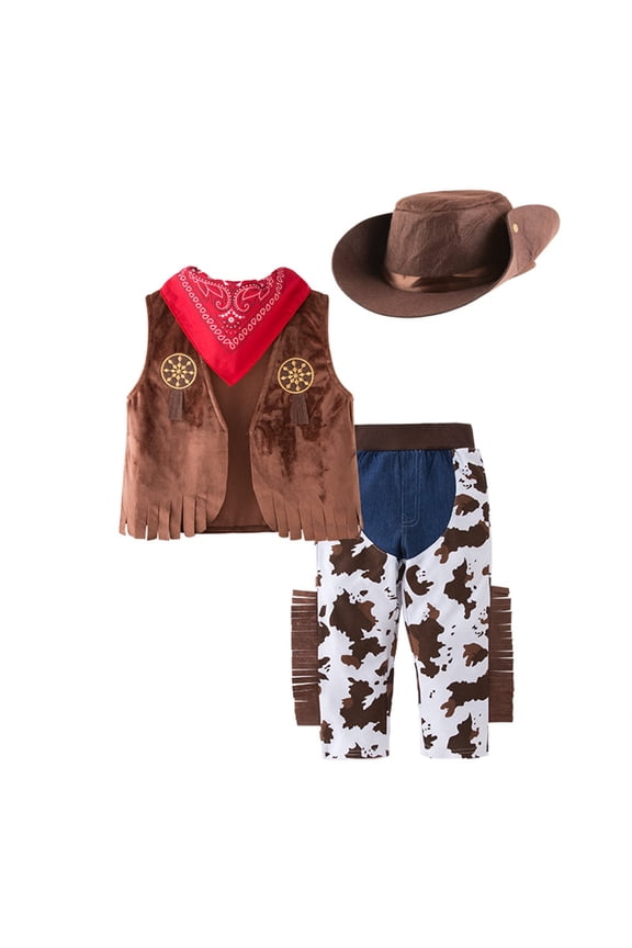 Toddler Boys Outfits Sets Kids Sleeveless Western Cow Kids Vest Hat Scarf Pants 4Pcs Set Party Fantasia Dress Up Teen Boy Gifts,12-9 Y
