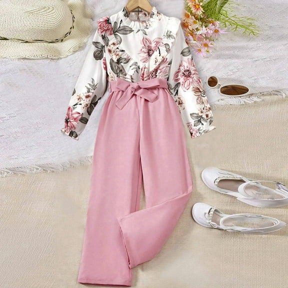 Hwmodou Toddler Girl Clothes Sets Girls Floral Print Long Sleeve Lace Up Wide Leg Solid Color Pants Casual Fashion Suit Cute Outfit