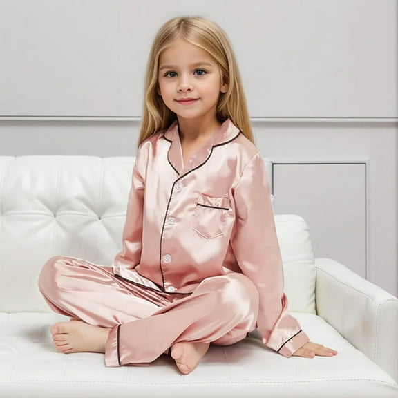 Hwmodou Toddler Girl Clothes Sets Kids Girl Boy Satin Pajamas Set Button Down Sleep Shirt Top Trousers Bottoms Sleepwear Loungewear Clothes Stylish Clothing