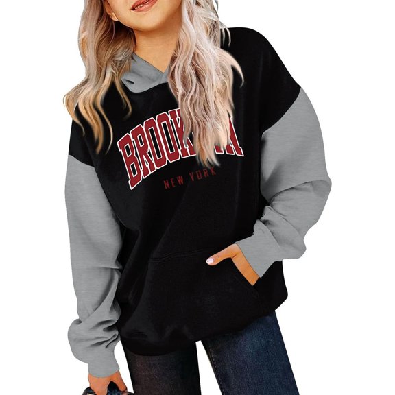 Hwmodou Toddler Girls Graphic Hoodies Kids Long Sleeve Color Matching Printed Letters Hooded Sweater Fashion Trendy Kids Street Sets,3-12Y
