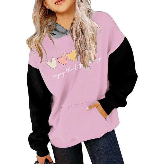 Hwmodou Toddler Girls Graphic Hoodies Kids Long Sleeve Color Matching Printed Letters Hooded Sweater Outdoor Workout Comfortable Kids Clothes,3-12Y
