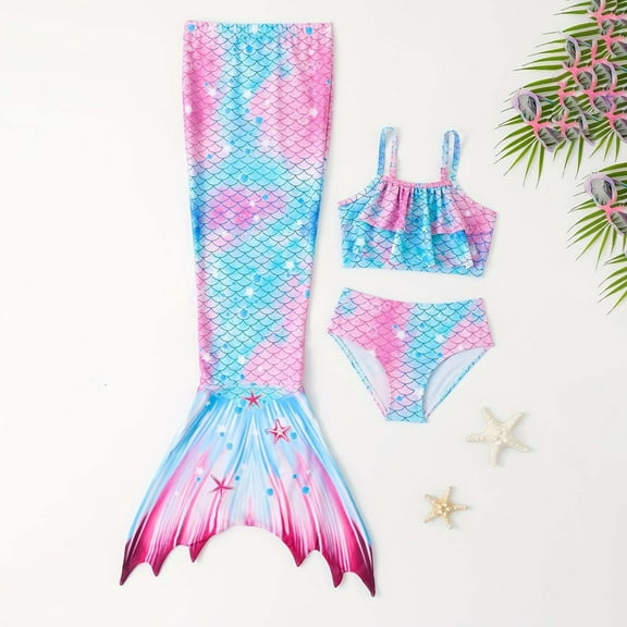 Hwmodou Toddler Swimsuit Girl 2 Piece Fish Scale Print Bandeau Briefs Bathing Suits Bikini Fish Tail Set With Mermaiing Tail Beach Seaside Hot Spring Wear 5T 7T 9T 11T 13T