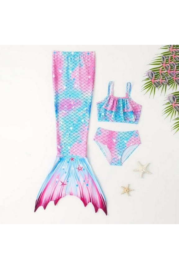 Toddler Swimsuit Girl 2 Piece Fish Scale Print Bandeau Briefs Bathing Suits Bikini Fish Tail Set With Mermaiing Tail Beach Seaside Hot Spring Wear 5T 7T 9T 11T 13T