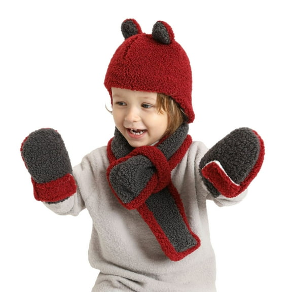 Hwmodou Toddler Winter Hat Children Boys Girls Hat Scarf Gloves Set Bear Flannel Warm Ear Hat Outdoor Kids Beanie