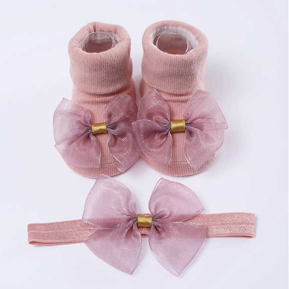 Hwmodou Warm Baby Socks Children Kids Socks Soft Bottom Shoes Socks Bowkot Princess Socks Floor Socks 1Pc Socks   1Pc Bow Hairband Stretchy Affordable Socks,0M-12M