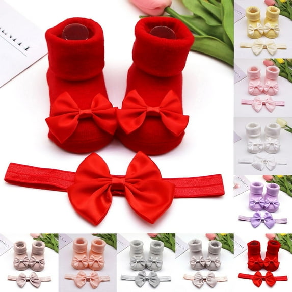 Wxolcjlv Warm Baby Socks Children Kids Soft Bottom Shoes Bowkot Princess Floor 1Pc + 1Pc Bow Hairband Cute Soft Socks,0M-12M