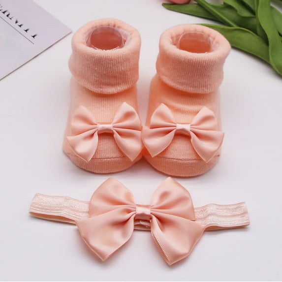 Wxolcjlv Warm Baby Socks Children Kids Soft Bottom Shoes Bowkot Princess Floor 1Pc + 1Pc Bow Hairband Cute Soft Socks,0M-12M