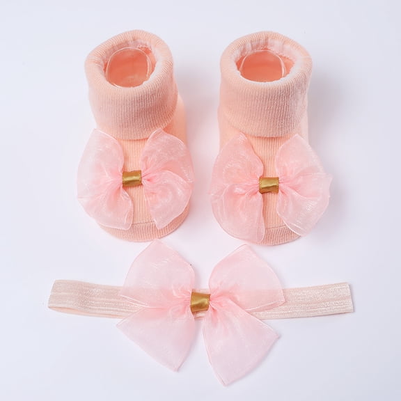 Hwmodou Warm Baby Socks Children Kids Socks Soft Bottom Shoes Socks Bowkot Princess Socks Floor Socks 1Pc Socks   1Pc Bow Hairband Stretchy Affordable Socks,0M-12M