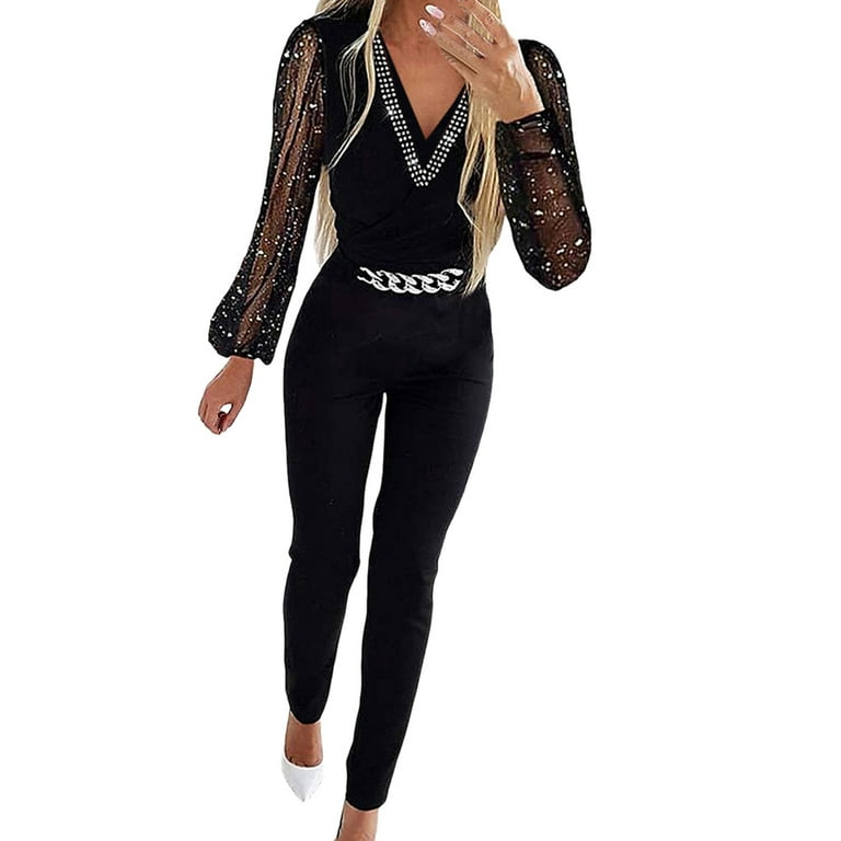 Hwmodou Woman Country Concert Outfits Women Outfit Solid Color Women Shiny Mesh Stitching Glamorous Black V Neck Jumpsuit Long Sleeve Mesh Body Slim
