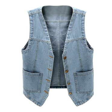 Hwmodou Women Bubble Denim Jackets Women's Sleeveless Denim Vest V Neck Button Down Jean Jacket Sport Workout Clothes For Woman
