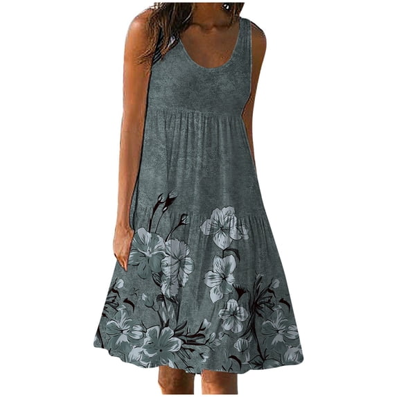 Hwmodou Women Dresses Casual Summer Dress Crew Neck Sleeveless Vacation Simple Beach Daily Dress Tank Dress Swing Dress Fashion Loose Midi Dress Seaside Ladies Sundress