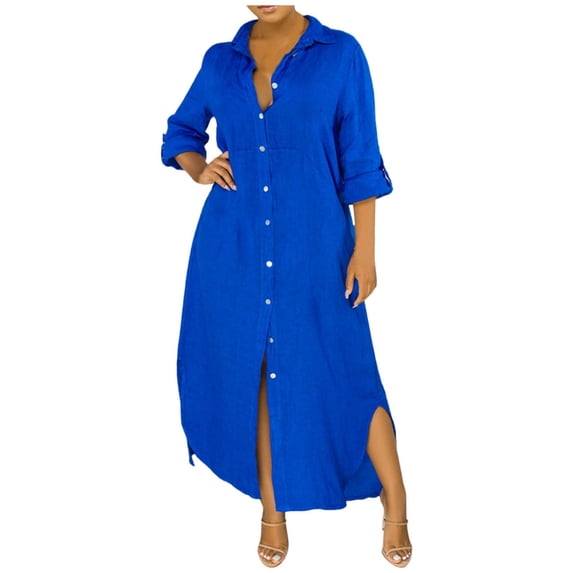 Hwmodou Women Dresses Fashion Casual Button Stand Up Neck Loose Breathable Comfortable Lengthened Solid Color Shirt Dress Holiday Ladies Sundress