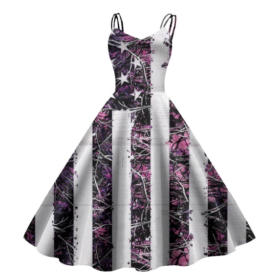 Hwmodou Women Dresses Fashion Strap Casual Independence Day Printed Waist Wrapped Dress Large Hem Dress Holiday Female Sundress