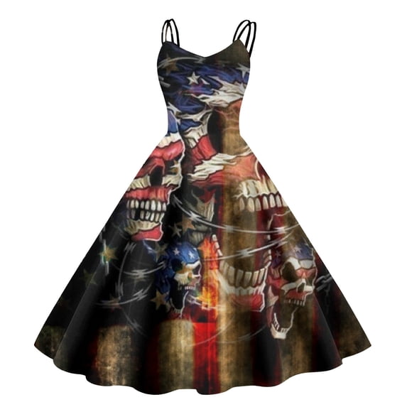 Hwmodou Women Dresses Fashion Strap Casual Independence Day Printed Waist Wrapped Dress Large Hem Dress Seaside Female Sundress