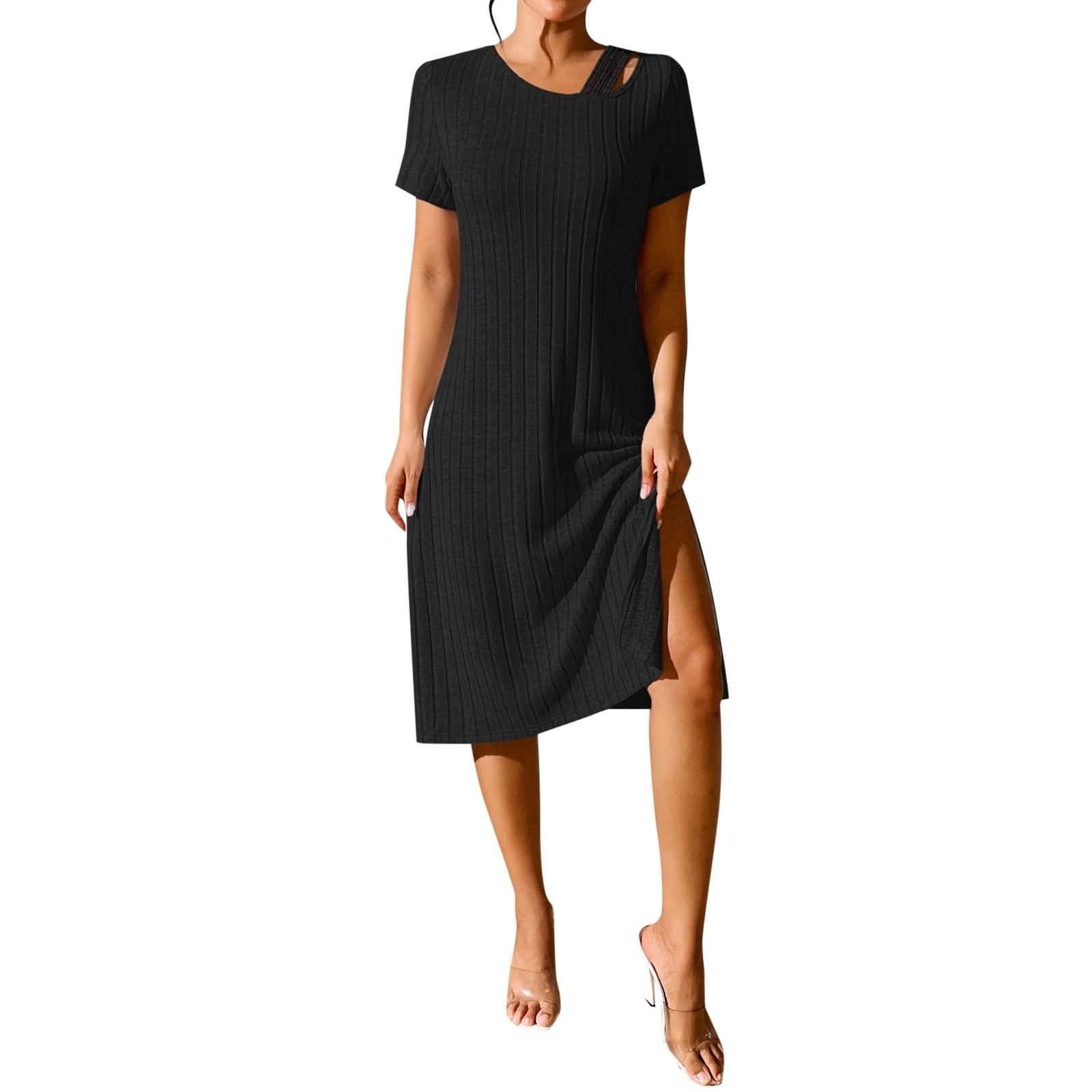 Hwmodou Women Dresses Spring/Summer Fashion Solid Color Sexy Split Slim Fit  Short Sleeve Simple Vacation Temperament Dress Unique Female Sundress -  Walmart.com
