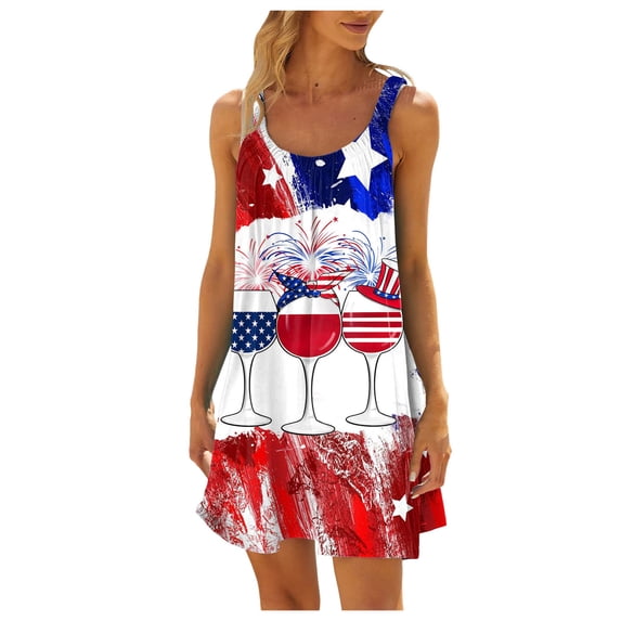 Hwmodou Women Dresses Summer Beach Daily Dress Sleeveless Vacation Simple Printed Casual Seaside Vacation Mini Dress Holiday Ladies Sundress