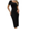 thumbnail image 1 of Hwmodou Women Dresses Summer Bodycon Casual Short Sleeve Simple Vacation Square Neck Midi Dress Knit Side Slit Long Ribbed Dresses Chic Female Sundress, 1 of 5