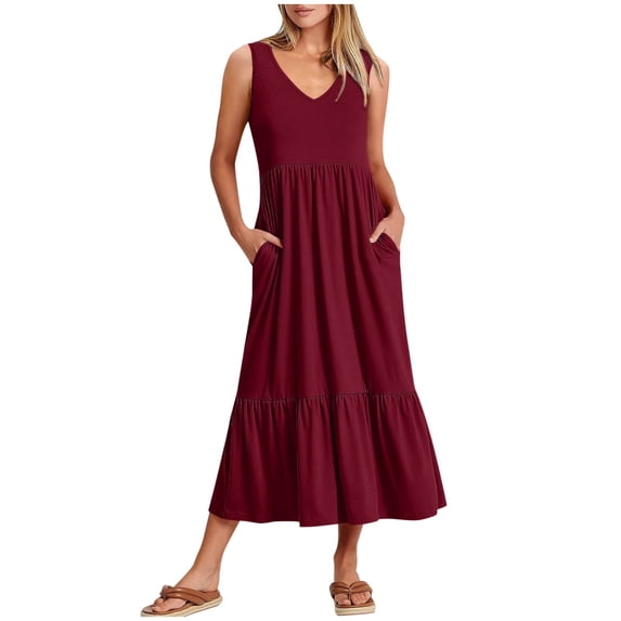 Hwmodou Women Dresses Summer Sleeveless Vacation Simple V-Neck Swing Dress Casual Flowy Tiered Maxi Beach Daily Dress With Pockets Traval Ladies Sundress