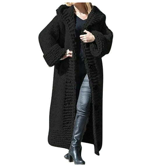 Hwmodou Women Hooded Sweat Jackets Women's Casual Solid Knit Button Plus Size Long Sleeve Sweater Long Cardigan Coat Holiday Vacation Clothes For Woman